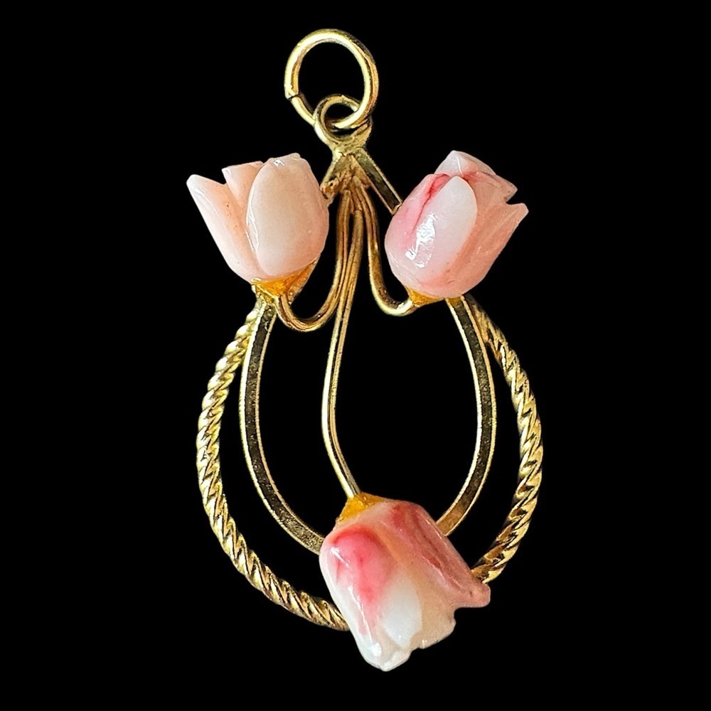 Vintage Carved Angel Skin Coral Rose Flower Pendant